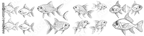 Sketches of various fish species swimming in detailed illustrations showcasing their unique features and movements