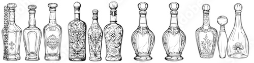 Artistic display of intricately designed glass bottles showcasing vintage craftsmanship and unique styles