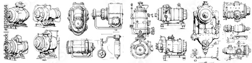 Collection of various industrial machinery sketches showcasing diverse types of pumps and compressors for engineering designs