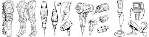 Collection of various medical and technical devices in a detailed line drawing format showing functionality and design elements