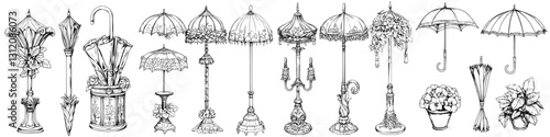 Collection of hand-drawn vintage umbrellas and decorative items displayed in a stylish arrangement with intricate designs