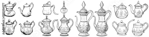 Vintage teapot and creamer collection showcasing intricate designs and craftsmanship on a white background