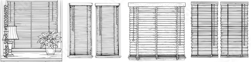 Different styles of window blinds showcasing various designs and textures for interior decoration