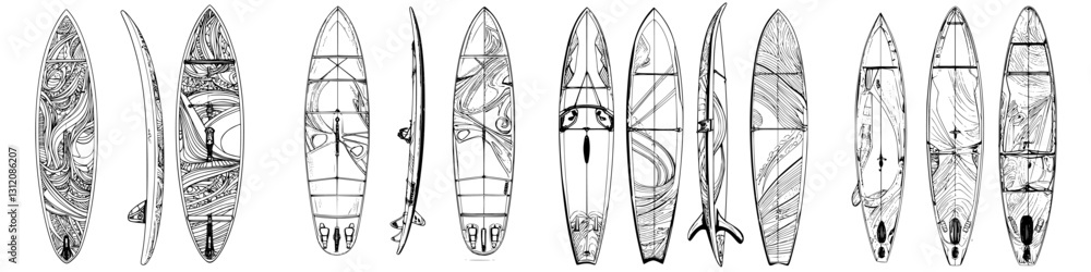 Various surfboards displayed in a creative arrangement showcasing different designs and patterns Various surfboards displayed in a creative arrangement showcasing different designs and patterns