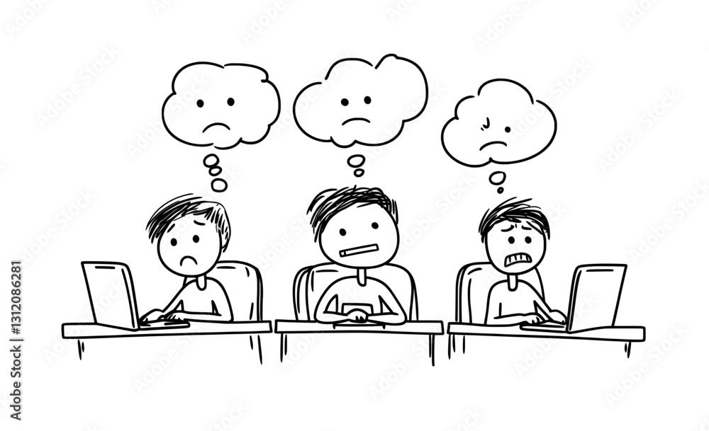 A modern cartoon stick figure drawing conceptually illustrates three businessmen in an office, working or typing away on computers, with empty speech bubbles symbolizing their thoughts A modern cartoon stick figure drawing conceptually illustrates three businessmen in an office, working or typing away on computers, with empty speech bubbles symbolizing their thoughts