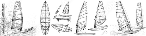 Detailed sketches of windsurfing boards and sails displayed in various dynamic positions on the water at a coastal location