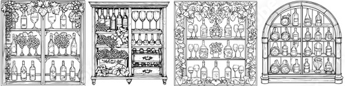 Interior display of vintage wine bottles and glassware in a rustic setting with detailed woodwork and vine decorations