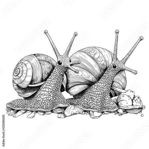 The collection features isolated black and white snails as its main elements