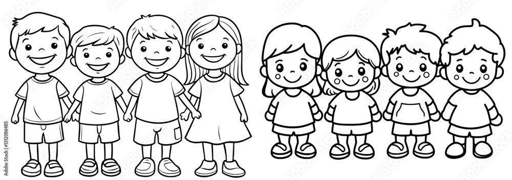 The image features a humorous modern illustration of four happy kids, girls and boys, in black contour drawing on a white background The image features a humorous modern illustration of four happy kids, girls and boys, in black contour drawing on a white background
