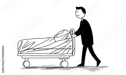The illustration shows a modern cartoon stick figure of a doctor or hospital orderly pushing a cart carrying a dead body that is covered up