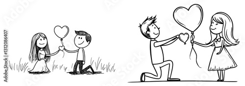 Modern illustration of a stick figure man on his knees, presenting a heart balloon to a woman, who is turning him down by bursting the balloon with a pin