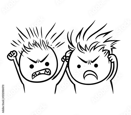 This modern cartoon stick figure drawing is a conceptual illustration that portrays two angry men or businessmen as they argue or engage in a fight