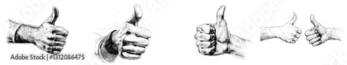 A modern illustration of a hand gesture sketch, featuring a thumb up and down, is recommended, depicted in a black and white hand-drawn image with a scratch board imitation