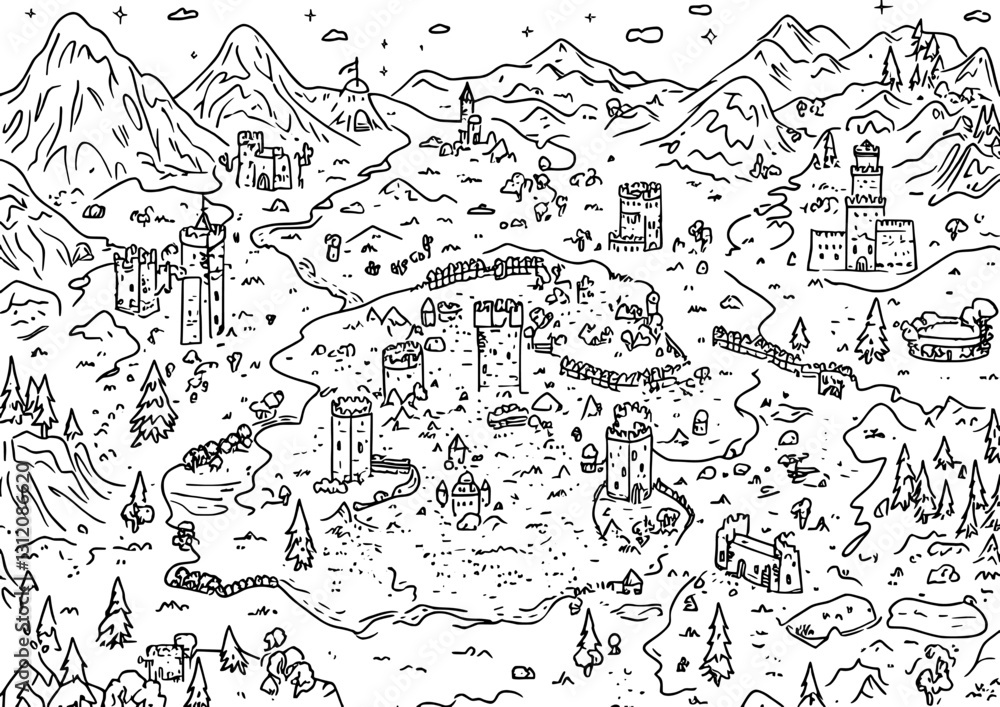 Retro graphic black and white sketch illustration of an old map is done in a modern style Retro graphic black and white sketch illustration of an old map is done in a modern style