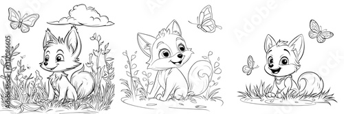 A cute little fox is depicted sitting and watching a butterfly on the wild animals coloring page
