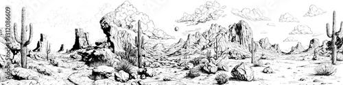 A black and white sketch illustration of the wild west featuring a prairie and desert landscape in modern style