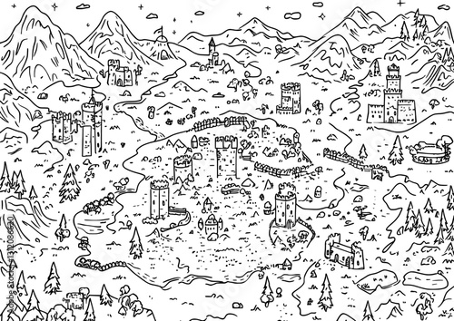 Retro graphic black and white sketch illustration of an old map is done in a modern style