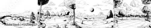 Modern illustration of a golf course in black and white landscape sketch graphic art