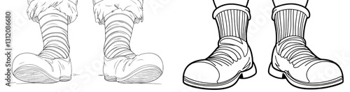Black and white line art features an Elf Shoe with Striped Socks and Jingle Bell Toes