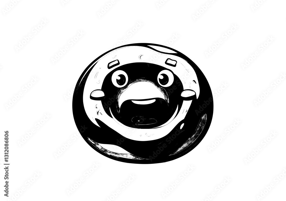 A funny and cool doughnut cartoon character is shown with a large smile, and is additionally known as a funny donut