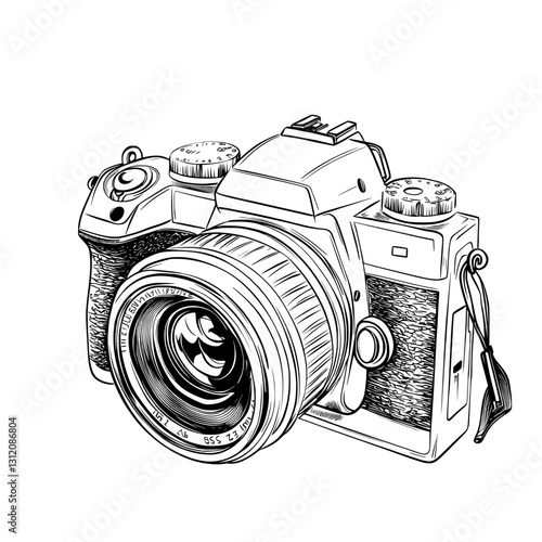 A modern illustration of a colorful line retro camera is presented, featuring hand drawn ink vintage cameras with an outline, in a sketch and cartoon style, all of which are hand drawn