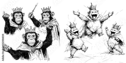 The monkey king is illustrated in a vintage black engraving, wearing a mantle and crow, with crossed paws