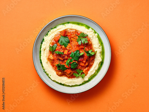 roast with mashed potatoes on an orange background