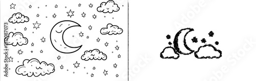 A continuous one line drawing illustrates the night sky, complete with clouds and stars, in a modern style