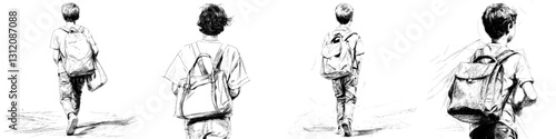 A schoolboy wearing a large retro backpack is walking away with his head down in an abstract line art modern drawing