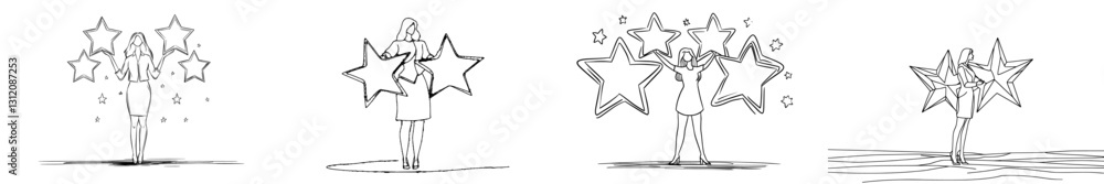 A businesswoman drawing points towards the stars, symbolizing a positive customer review in a single-line art style A businesswoman drawing points towards the stars, symbolizing a positive customer review in a single-line art style