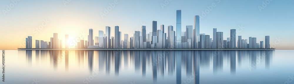 Fototapeta premium Sunrise over a calm body of water reflecting a modern city skyline. The buildings are various heights and shapes, creating a dynamic urban landscape.