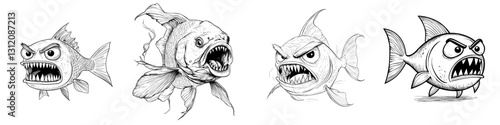 Cartoon illustration of a piranha, a predatory and dangerous fish, coloring page
