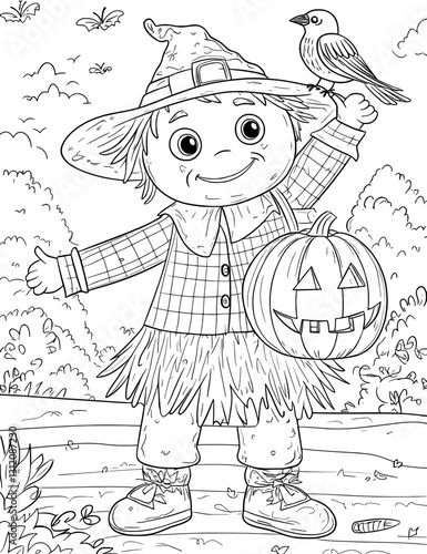 Halloween line art often includes a spooky scarecrow, commonly found in cartoons and coloring pages