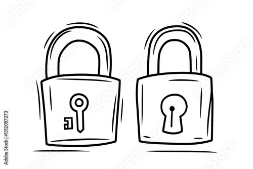 A hand drawn sketch style illustration of a lock, showcasing both open and closed positions, represents the concept of lock and unlock with two options