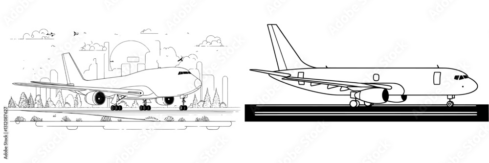 A line art design represents a passenger plane as a transportation vehicle object for vacation travel A line art design represents a passenger plane as a transportation vehicle object for vacation travel