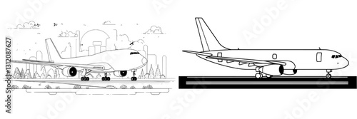 A line art design represents a passenger plane as a transportation vehicle object for vacation travel