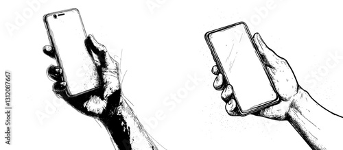 The hand in question is isolated and holds a smartphone in a vertical position on a transparent background