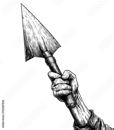 Retro-styled black and white drawing of a hand clutching a knife smeared with blood