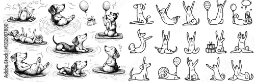 The coloring page presents a cute cartoon long dachshund dog, a funny pet character with a wagging tail, illustrated in a hand drawn style of modern drawing as part of a collection of design elements