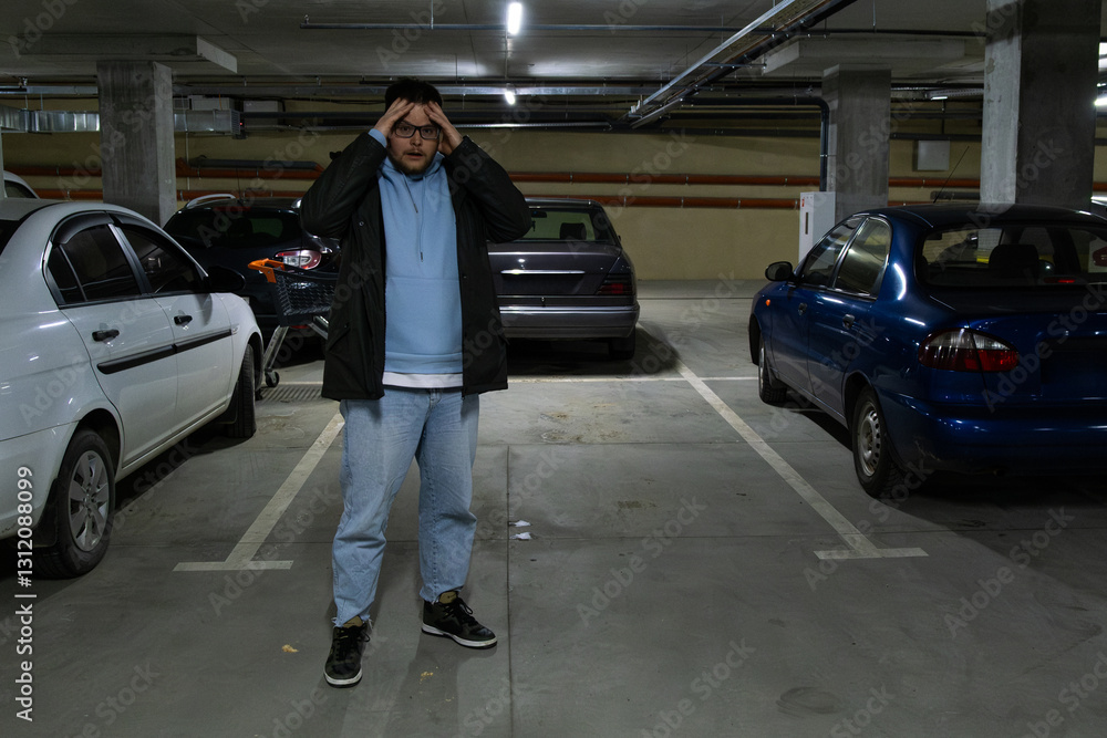 Person in Underground Parking Garage Figure Out of Stolen Car