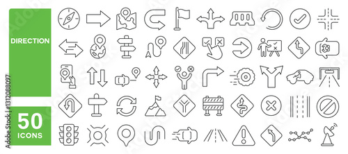 Set of 50 line icons related to direction, road, right, left, arrow, location, map, car, street, navigation, choice, rotate, move, swap, Editable stroke. Vector illustration