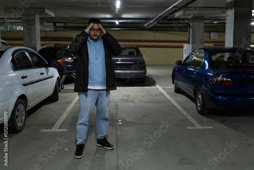 Obraz na płótnie Person in Underground Parking Garage Figure Out of Stolen Car w salonie