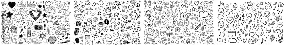Fototapeta premium Modern cartoon illustration consisting of hand drawn doodles that include a range of icons such as hearts, stars, and musical notes