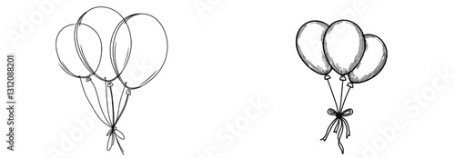Birthday celebration balloons depicted in a continuous line drawing provide an idea for decorating during kids' holidays