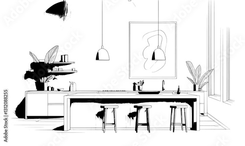 The illustration depicts a bundle of cozy kitchen interiors, each furnished with modern furniture, necessary appliances, cooking facilities, and decorative touches, presented in a clean line art