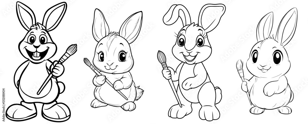 Obraz premium Illustration of a black and white cartoon rabbit holding a paintbrush