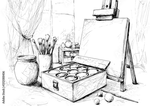 A set of modern tools and accessories for hand drawn ink painting