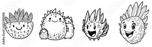 The dragon fruit is depicted as a cute cartoon with a doodle line outline as both a vegetable and fruit