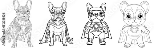 A cartoon dog is depicted in line art wearing a superhero cape and bandana