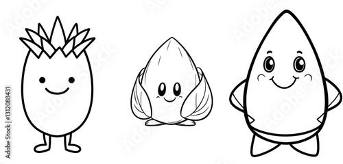 The terms sweetcorn, vegetable, fruit, doodle, line, outline, cartoon, and cute are all listed together
